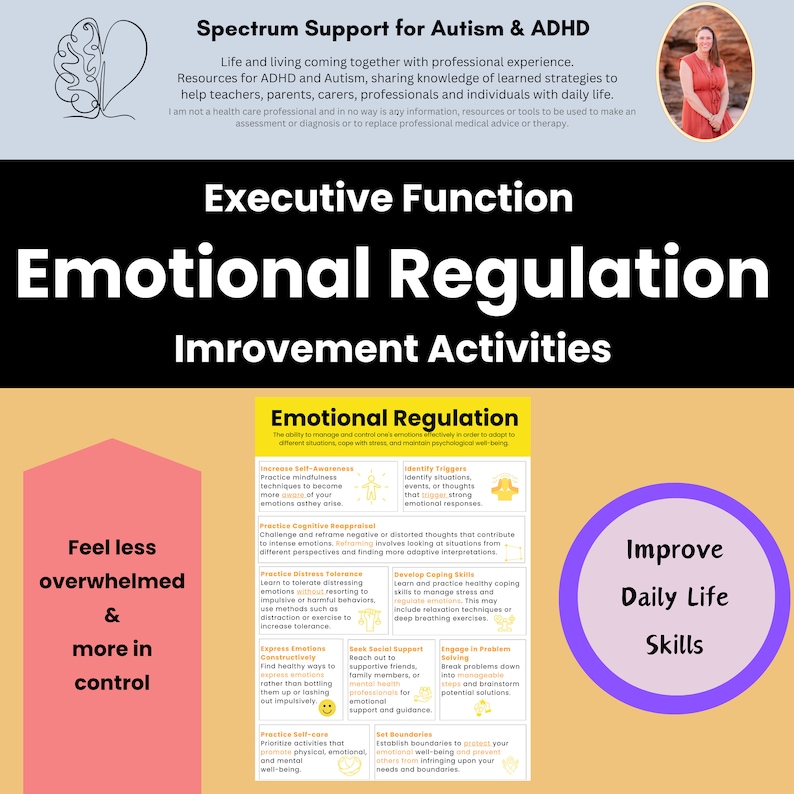 K&ouml;nnte beinhalten: Eine farbenfrohe Infografik mit dem Titel "Verbesserung der emotionalen Regulierung" und einer Liste von Strategien, um Emotionen zu bew&auml;ltigen und zu kontrollieren. Die Infografik ist in zwei Spalten unterteilt, wobei die linke Spalte sich auf "Weniger &uuml;berfordert und mehr Kontrolle" konzentriert und die rechte Spalte auf "Verbesserung der Lebenskompetenzen".