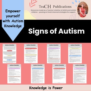 以下が含まれることがあります： ピンクの背景に黒い文字で「Signs of Autism」と書かれています。ページには「Autism Checklist」というタイトルの印刷可能なチェックリストが8つ表示されています。ページの下部には「Knowledge is Power」というテキストがあります。