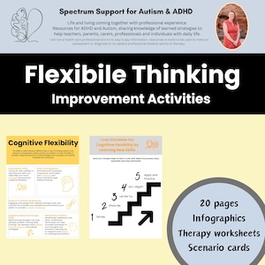 Peut inclure: Ressource &eacute;ducative "Activit&eacute;s d'am&eacute;lioration de la pens&eacute;e flexible" pour le soutien de l'autisme et du TDAH. L'image comprend des infographies, des feuilles de travail th&eacute;rapeutiques et des cartes de sc&eacute;narios. Elle pr&eacute;sente &eacute;galement un guide &eacute;tape par &eacute;tape.