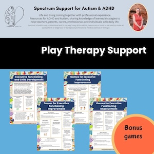 May include: Four colorful posters with the title "Games for Executive Functioning Improvement" and "Executive Functioning and Child Development". The posters list games and activities to help with executive functioning skills. A bonus games poster is also included.