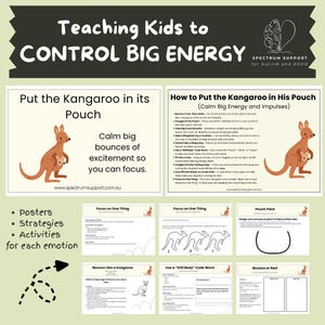 May include: Educational poster set titled "Teaching Kids to Control Big Energy" with illustrations of kangaroos and instructions for managing emotions. Includes strategies and activities for children with autism and ADHD.