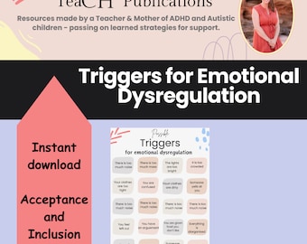 May include: A printable chart with the title "Possible Triggers for Emotional Dysregulation". The chart lists common triggers for emotional dysregulation, such as too much noise, too much mess, bright lights, feeling confused, and being yelled at. The chart is designed to help people identify and manage their triggers.