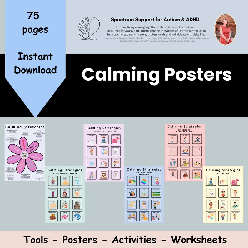 May include: A set of six colourful posters with calming strategies for children. The posters feature different calming techniques, such as deep pressure therapy, mindful breathing, and exercise. The posters are titled "Calming Strategies" and are designed to help children learn how to manage their emotions and stay calm.