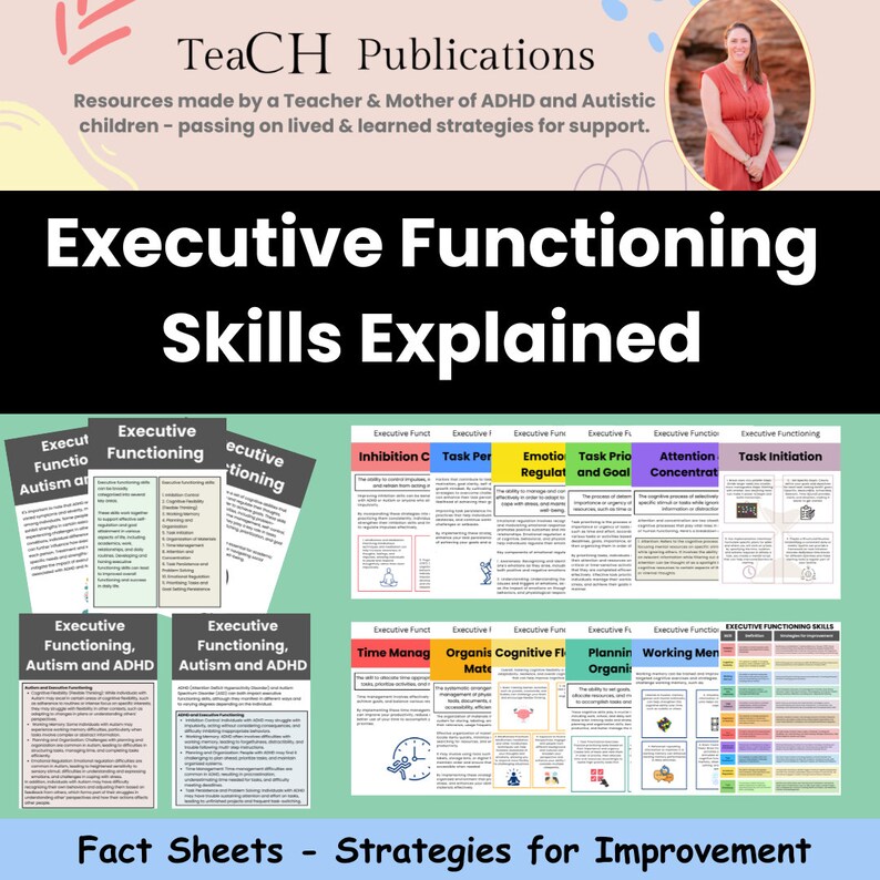 Pu&ograve; includere: Un'infografica colorata intitolata "Competenze esecutive spiegate" con testo e immagini sulle competenze esecutive. L'infografica include le seguenti competenze: Controllo dell'inibizione, Persistenza nel compito, Regolazione emotiva, Priorit&agrave; dei compiti e gestione degli obiettivi, Attenzione e concentrazione, e Inizio dei compiti. L'infografica include anche una sezione sulle competenze esecutive per l'autismo e l'ADHD.