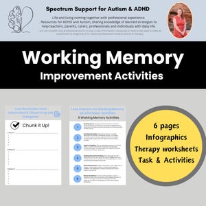 May include: Educational materials for autism and ADHD support. The image features the text "Working Memory Improvement Activities" with infographics, therapy worksheets, tasks, and activities. Includes "Chunk it Up!" and "6 Working Memory Activities".