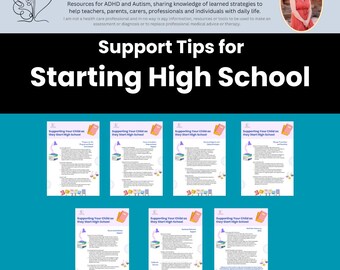 May include: A teal graphic with the text "Spectrum Support for Autism & ADHD" and "Support Tips for Starting High School." Below are several documents titled "Supporting Your Child as they Start High School."
