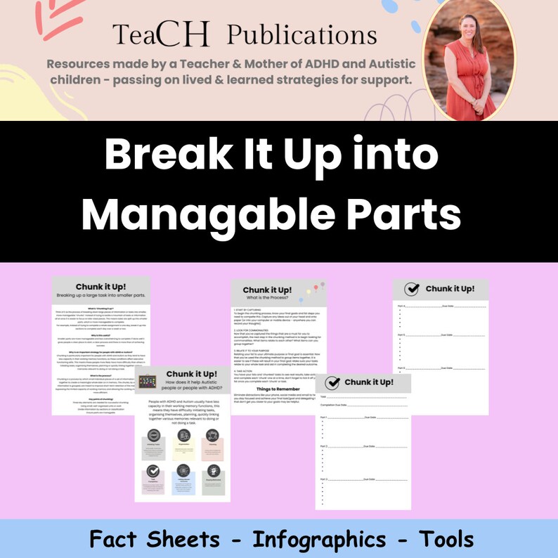 Pu&ograve; includere: Un set di fogli di lavoro e infografiche stampabili con il titolo "Break It Up into Managable Parts" e il testo "Chunk It Up!" I fogli di lavoro sono progettati per aiutare le persone a suddividere i compiti grandi in passaggi pi&ugrave; piccoli e gestibili.