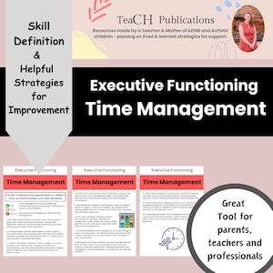 以下が含まれることがあります： ピンクと白のグラフィックで、「Executive Functioning Time Management」というテキストが黒で書かれています。グラフィックには、時間管理のヒントが書かれた3つのカードが含まれています。カードはピンク、白、赤です。グラフィックには、波模様の時計も含まれています。