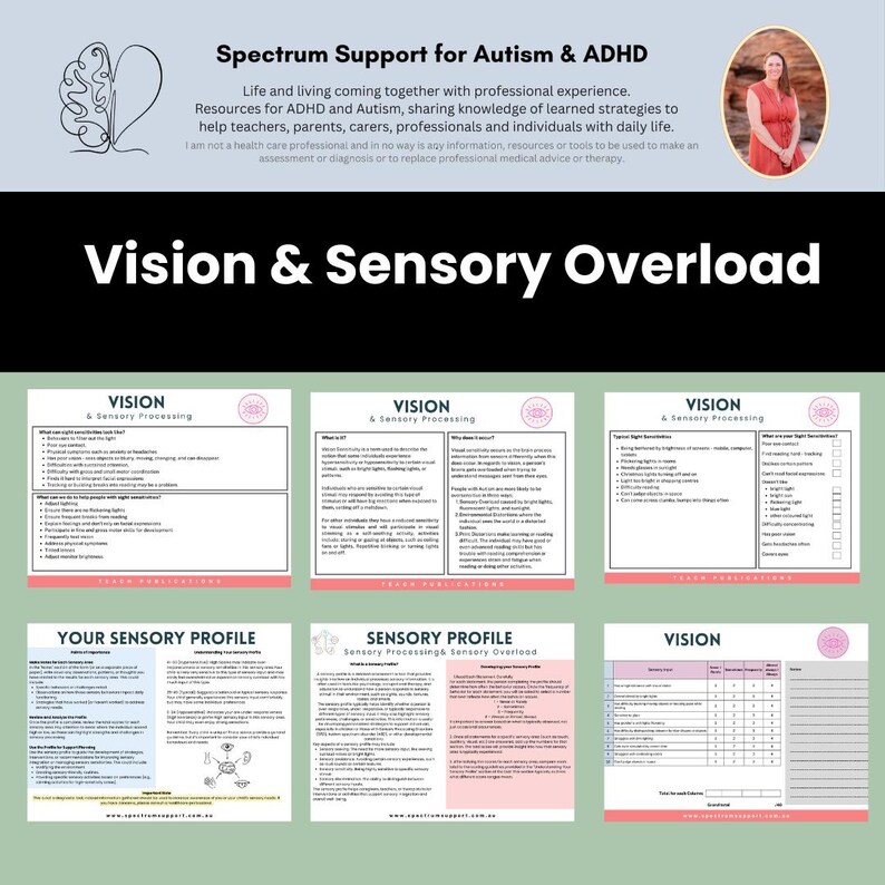 Pode incluir: Uma imagem com o texto "Vision & Sensory Overload" e recursos para autismo e TDAH. A imagem inclui v&aacute;rias folhas informativas com t&iacute;tulos como "Vision & Sensory Processing" e "Your Sensory Profile".