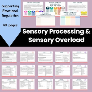 May include: A set of printable worksheets designed to support emotional regulation and sensory processing. The worksheets help individuals understand their sensory needs and develop strategies for managing sensory overload. The worksheets include sections on touch, taste, smell, vision, and hearing.