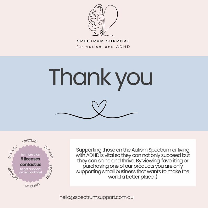 Pode incluir: Gr&aacute;fico com o texto "Thank you" em fonte grande, com o logotipo Spectrum Support e texto para Autismo e TDAH. Um pequeno gr&aacute;fico de cora&ccedil;&atilde;o est&aacute; abaixo do texto. O fundo &eacute; rosa claro e azul.