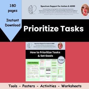 K&ouml;nnte beinhalten: Eine farbige druckbare Ressource, um Menschen mit Autismus und ADHS dabei zu helfen, Aufgaben zu priorisieren und Ziele zu setzen. Die Ressource umfasst 14 Seiten mit Arbeitsbl&auml;ttern, Werkzeugen, Postern und Aktivit&auml;ten. Der Titel der Ressource lautet "Wie man Aufgaben priorisiert und Ziele setzt".