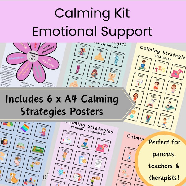 Emotion Support Calming Kit Therapy Poster Pack - Anxiety, ADHD, Autism, Mental Health, Depression, Support - teachers, parents, self help