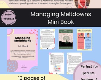 Puede incluir: Un mini libro digital descargable en rosa y blanco titulado "Managing Meltdowns" con 13 páginas de apoyo instantáneo. El libro está diseñado para padres, maestros y terapeutas. La portada presenta un diseño colorido con círculos y un título en negrita.
