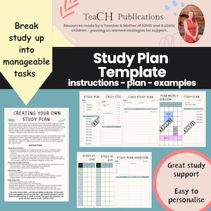May include: A printable study plan template with instructions and examples. The template is designed to help students break down their studies into manageable tasks. The template includes sections for daily study, weekly overview, and class study plans. The template is in a light blue and gray color scheme with pink accents.