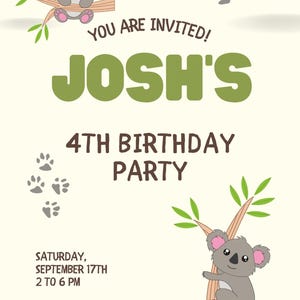 Kids Party Invitation - Koala Bear Theme | Australian Theme