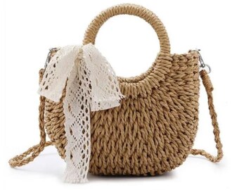 Straw Round Top Handle Woven Satchel Crossbody Bag