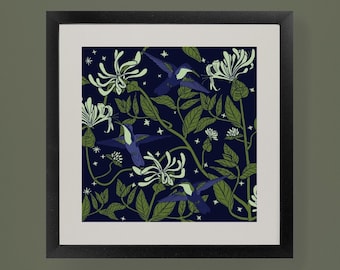 Hummingbirds And Honeysuckle On The Full Moon | Framed and Matted Original Art Print