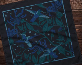 Hummingbirds and Honeysuckle on the New Moon — Bandana | Purse Scarf | Altar Cloth | Headband | Original Art