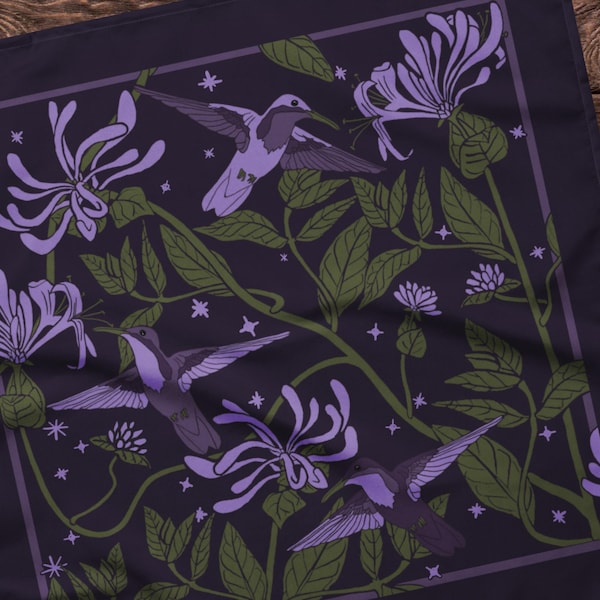 Hummingbirds and Honeysuckle in the Twilight — Bandana | Purse Scarf | Altar Cloth | Headband | Original Art
