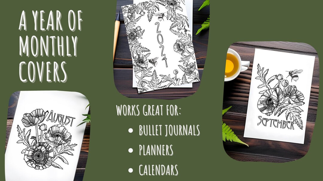 Botanical Monthly Covers Bullet Journal Refill Pages 2024 Printable