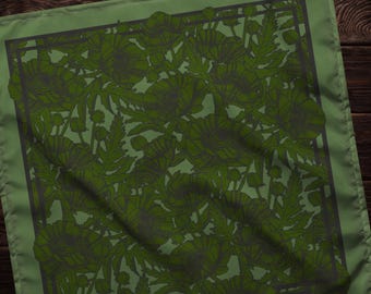 Oriental Poppies in Green — Bandana | Purse Scarf | Altar Cloth | Headband | Maximalist Style | Original Art