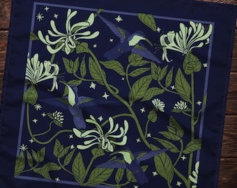 Hummingbirds and Honeysuckle on the Full Moon — Bandana | Purse Scarf | Altar Cloth | Headband | Original Art