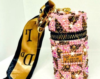 Bling Bedazzled Pink Brown Rhinestones Bling Lipstick/Lip Balm/Cash/Change Storage Holder Container Keychain Purse Charm