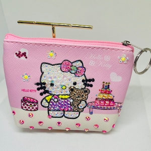 Monedero con cremallera y diamantes de imitación AB de Hello Kitty, rosa, blanco y rosa