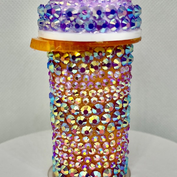 Bedazzled Rhinestone Purple Pill Bottle Storage Container Small