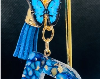 Initial D Blue Acrylic Keychain with Tassel and Butterfly Charm
