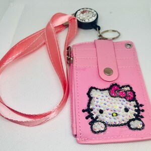 Bedazzled AB-steentjes Hello Kitty-sleutelkoordhaspel met ID-kaarthouder roze wit