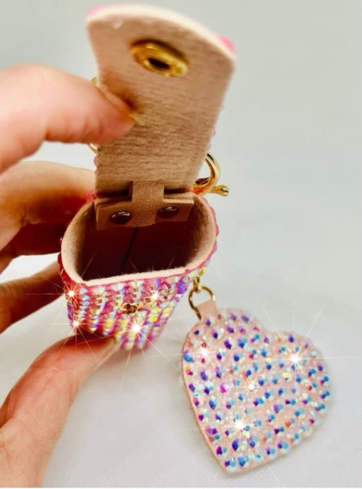 Bling Bedazzled Pink Rhinestones Bling Lipstick/Lip Balm Holder Keychain With Heart Shaped Mirror