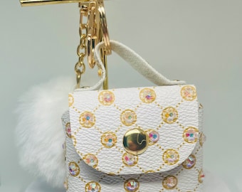 Bling Rhinestone Mini Coin Bag Keychain: Gold Tassel, Pom-Pom Charm