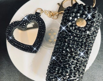 Bling Bedazzled Black Rhinestones Lipstick/Lip Balm Holder Keychain With Bling Heart Shaped Mirror