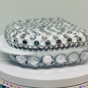 Bedazzled White Silver Metallic AB Crystal Rhinestones Bling Invisalign/Retainer Storage Travel Case
