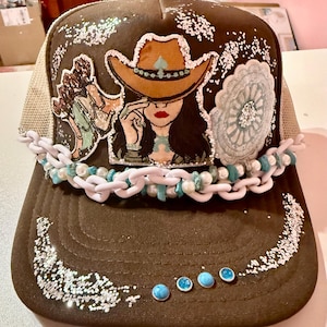 Cowgirl Western Brown Turquoise Decorated Trucker Hat