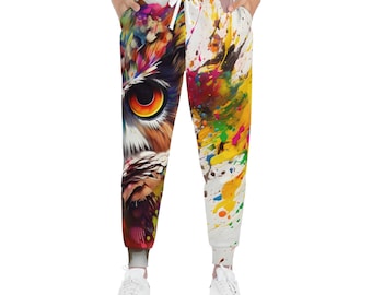 Owl Head Artistic Fitted Joggers, Colorful Owl Print Joggers, Artistic Owl Sweatpants, Majestic Owl Comfortable Joggers