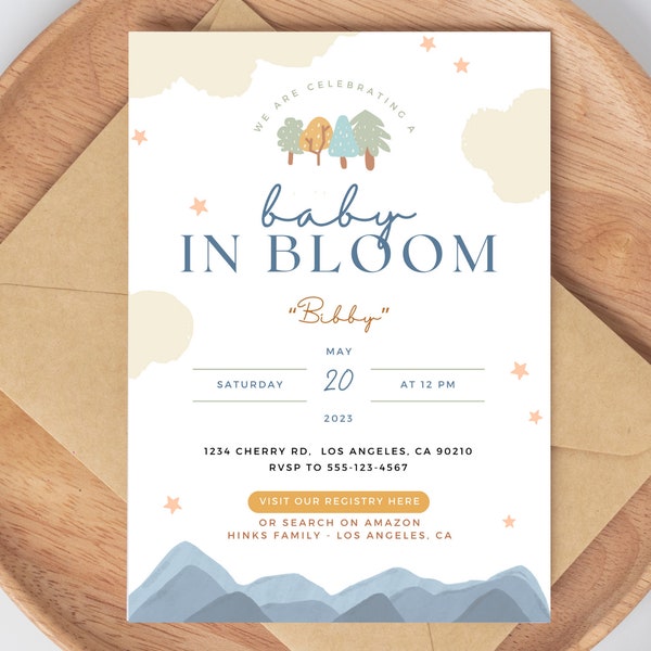 Baby in Bloom Shower Invitation, Digital Invite | Personalized, customized | Nature baby shower, mountains, trees, gender neutral, boy girl