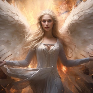 May include: A digital art image of a woman with long blonde hair and large white feathered wings. She wears a white dress and has her arms outstretched. The background is a mix of gold and dark tones.