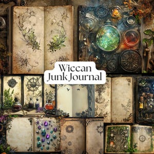 May include: A collection of vintage-style journals with various designs, including botanical illustrations,  a tree of life, and a compass. The journals are open to reveal blank pages, perfect for writing, drawing, or crafting. The text "Wiccan Junk Journal" is displayed on a label.