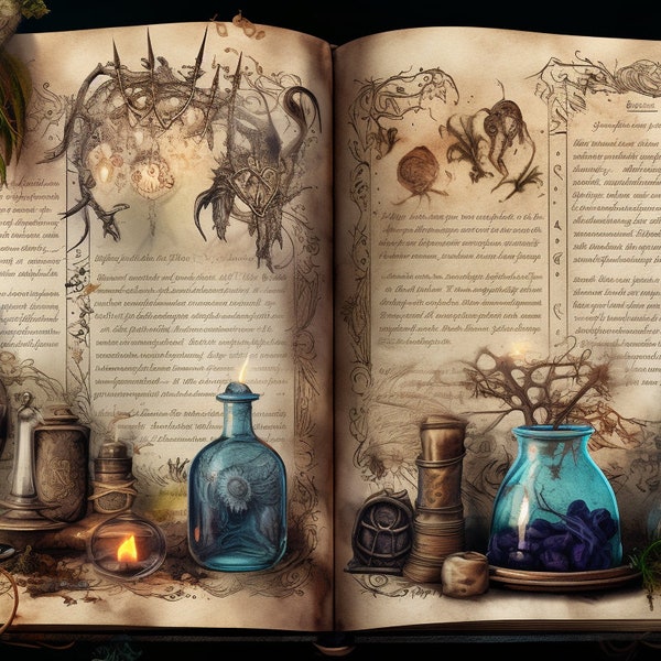 Magical Diary, Fantasy Junk Journal Kit, Witch Grimoire, Wiccan Spell Book, 50 Unique Pages, Witchcraft, Manifestation, Printable Download