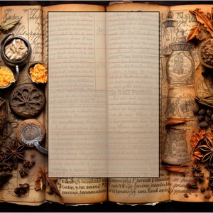Puede incluir: Un libro antiguo abierto con una página en blanco en el centro. El libro está rodeado de varias especias, hierbas y otros ingredientes, incluyendo granos de café, anís estrellado, palitos de canela y hojas secas. El libro es de color marrón vintage con un aspecto desgastado y envejecido.