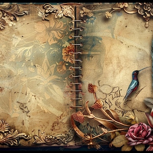 May include: An open antique book with ornate gold leaf embellishments on the cover. The pages are blank and the book is decorated with a hummingbird, a feather, and a rose.