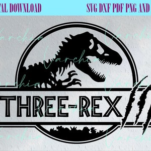 May include: Black and white silhouette of a dinosaur in a circle with the text "THREE-REX" and three claw marks.