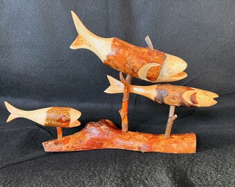 3 Fish wooden carving sculpture