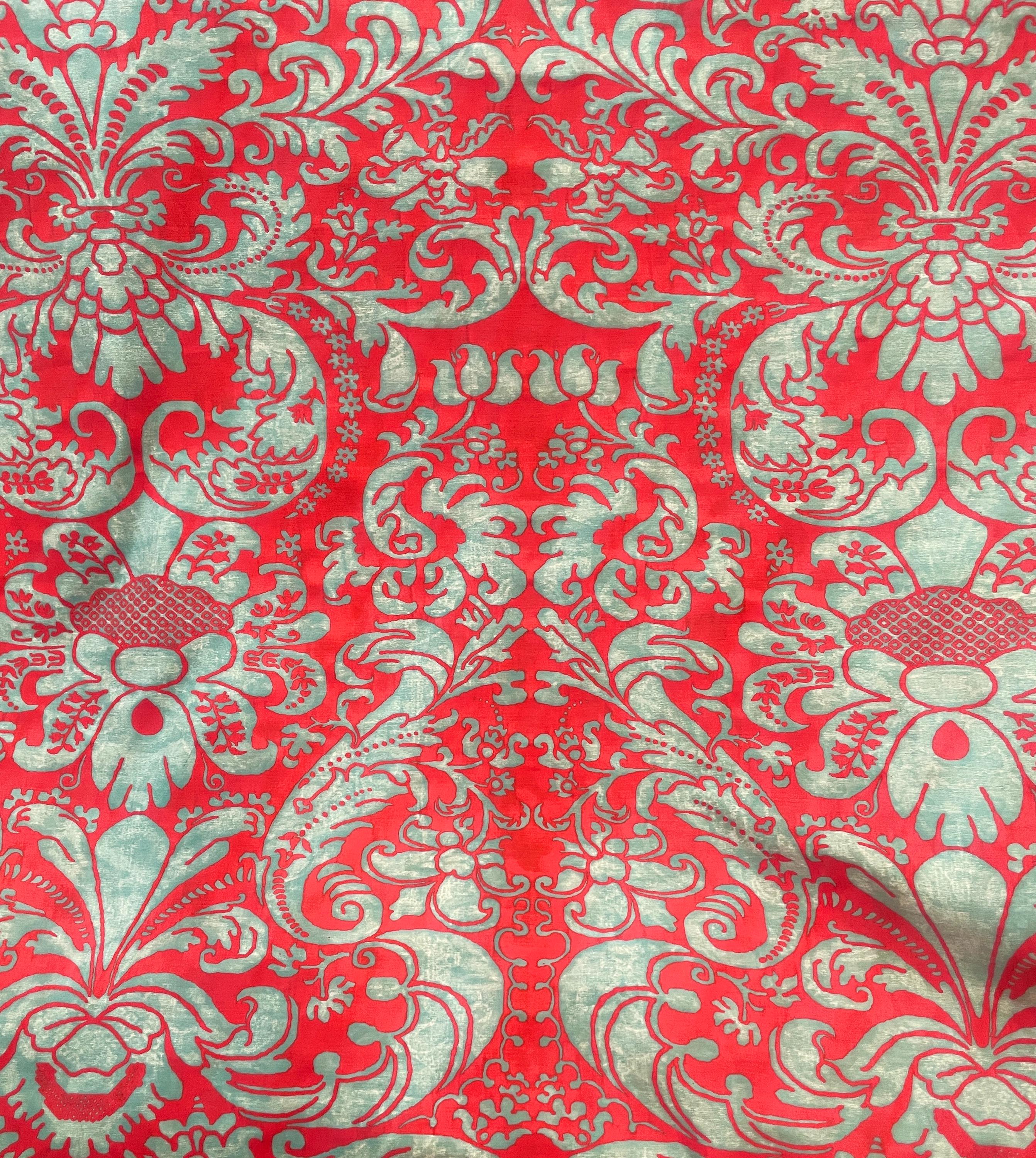 Italian Fortuny Caravaggio damask in avio and red remnant