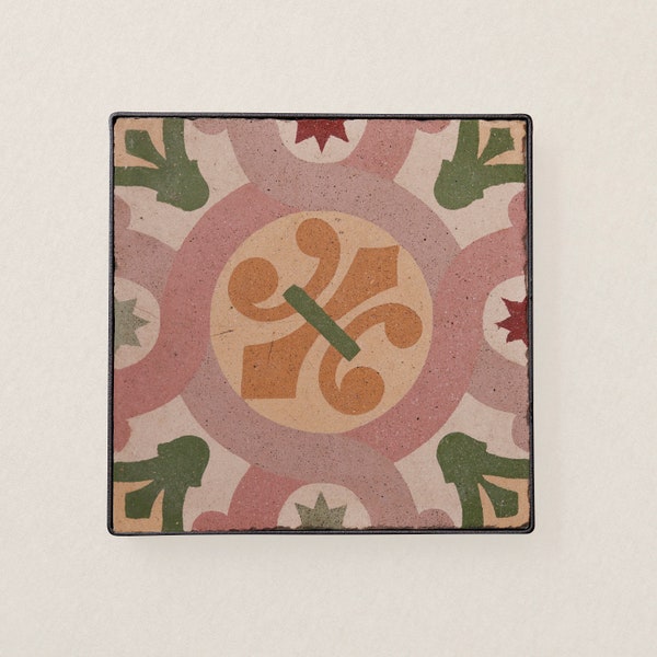 Barcelona Tile Trivets: Pink Fleur De Lys With Green And Red