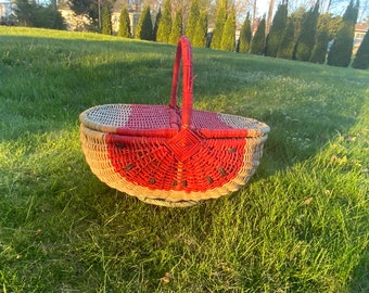 Vintage watermelon picnic basket and straw plates set
