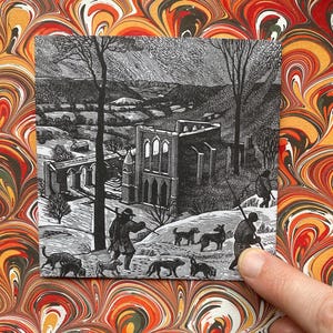 Kerstkaart met houtgravure, boekdruk gedrukte kerstkaart met feestelijk landschap en honden